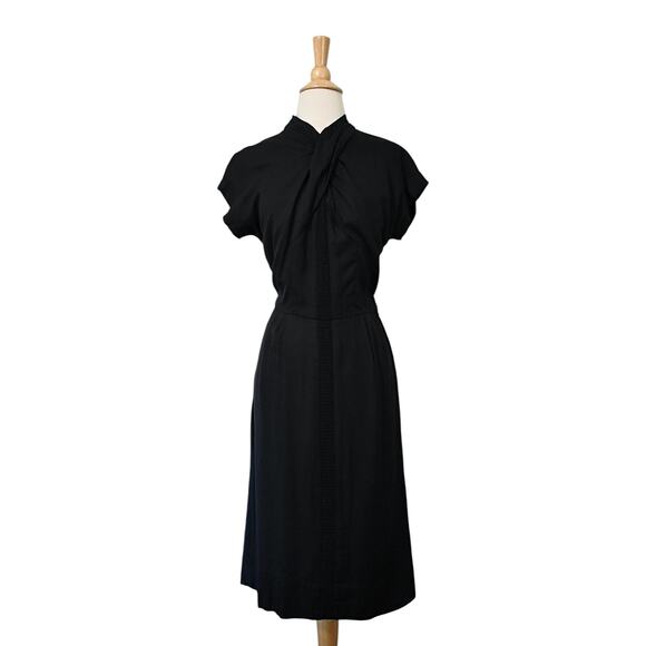 Vintage 50s Film Noir Ruched Shawl Neck Crochet Center Black Deco Dress - Picture 2 of 10